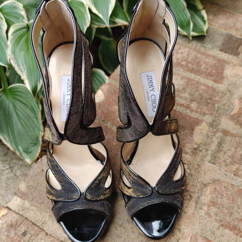 JIMMY CHOO 142 "COLLAR" ZEBRA LAME GLITTER SANDAL, BLACK/AMBER 39 - Picture 7 of 16